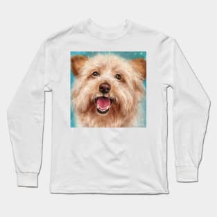 Painting of a Happy Yorkshire Terrier with Its Tongue Out on a Blue Background Long Sleeve T-Shirt